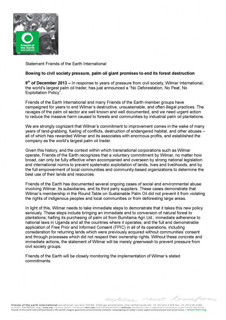 FoEI statement on Wilmar' s policy