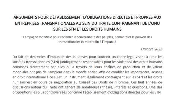 Arguments en faveur de l'établissement d'obligations appropriées et directes pour les sociétés transnationales dans le traité contraignant des Nations unies sur les sociétés transnationales et les droits de l'homme (2022)